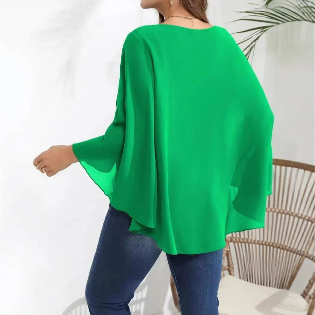 Cape Round Neck Long Sleeve Plus Size Women's Clothes Top